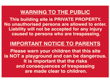 Scan 4251 Building Site Warning to Public & Parents - PVC Sign 600 x 400mm