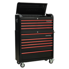 Sealey AP41COMBOBR Premier Retro Style Wide Topchest & Rollcab Combination 10 Drawer - Black with Red Anodised Drawer Pulls