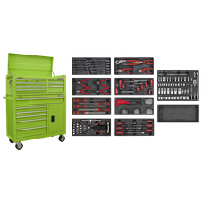 Sealey AP41STACKHVCOMBO American Pro Topchest & Rollcab Combination 15 Drawer with 117pc Tool Kit- Green