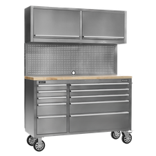 Sealey AP5520SS Premier Mobile Stainless Steel Tool Cabinet 10 Drawer with Backboard & 2 Wall Cupboards