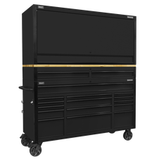 Sealey AP6215BECOMBO1 Superline Pro Black Edition Mobile Trolley with Wooden Worktop 15 Drawer, Hutch & 2 Drawer Riser 1549mm