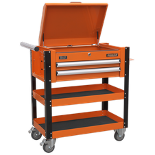 Superline Pro AP760MO Heavy-Duty Mobile Tool & Parts Trolley with Lockable Top & 2 Drawers - Orange