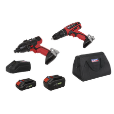 Sealey CP20VDDCOMBOEU 2 x SV20 Series Cordless Power EU Tool Kit 20V Euro Plug - 2 Batteries