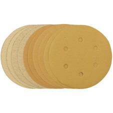 Draper 64284 Gold Sanding Discs with Hook & Loop, 150mm, Assorted Grit - 120G, 180G, 240G, 320G, 400G, 6 Dust Extraction Holes (Pack of 10)