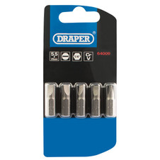 Draper 64009 Plain Slot Insert Bit, 5.5mm, 1/4" Hex, 25mm Long (Pack of 5)