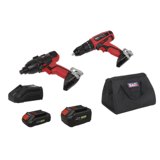 Sealey CP20VDDCOMBOEU 2 x SV20 Series Cordless Power EU Tool Kit 20V Euro Plug - 2 Batteries