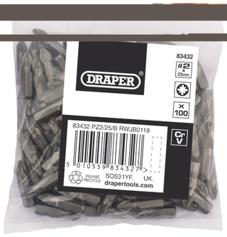 Draper 83432 PZ TYPE Insert Bits, 1/4", No.2 (Bag of 100)