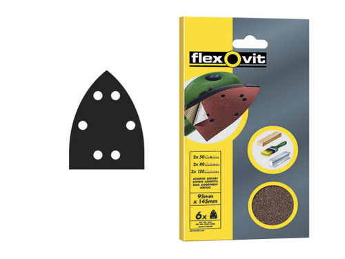 Flexovit 63642526408 Detail Hook & Loop Sanding Sheets 95x145mm Medium 80G (Pack 6) - FLV26408