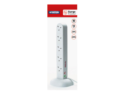 Status International® 10WS2MTSSP2 Surge Protected Tower Multi Plug Extension 240V 10-Gang 13A White 2m