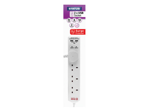 Status International® S4W2M2XUSB1PK4 Extension Lead 240V 4-Gang + 2 USB 13A 2m White