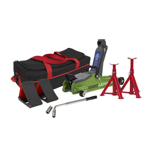 Sealey 1020LEHVBAGCOMBO Low Entry Short Chassis Trolley Jack & Accessories Bag Combo, 2 Tonne - Green