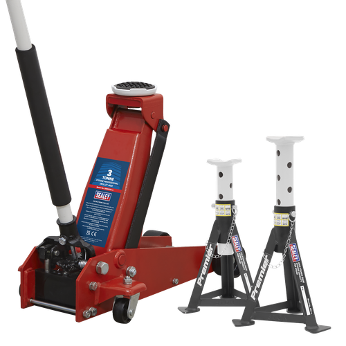 Sealey 3000CXDCOMBO1 Trolley Jack 3 Tonne & Axle Stands (Pair) 3 Tonne per Stand Combo