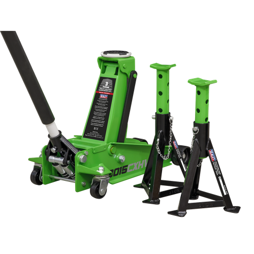 Sealey 3015CXHV Trolley Jack with Super Rocket Lift 3 Tonne & Axle Stands (Pair) 3 Tonne Capacity per Stand - Green
