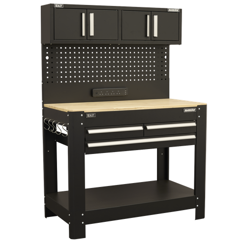 Superline Pro AP12701 Workbench with Pegboard Back Panel, Power Bar & Wooden Worktop