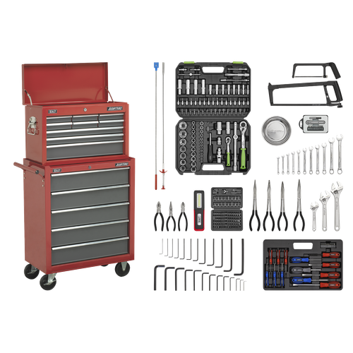 American Pro AP2250BBCOMBO Topchest & Rollcab Combination 14 Drawer with 281pc Tool Kit - Red/Grey