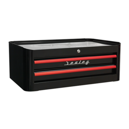 Premier AP28102BR Retro Style Mid-Box Tool Chest 2 Drawer - Black with Red Anodised Drawer Pulls