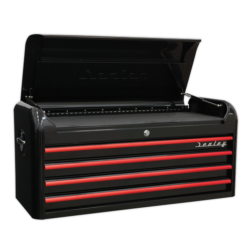 Premier AP41104BR Retro Style Wide Topchest 4 Drawer - Black with Red Anodised Drawer Pulls
