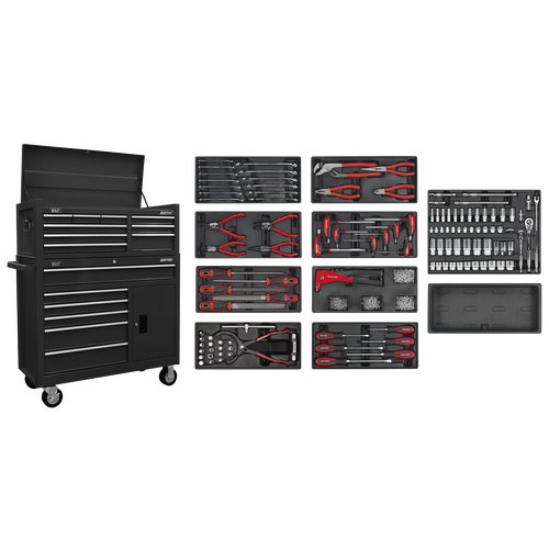 American Pro AP41STACKBCOMBO Topchest & Rollcab Combination 15 Drawer with 117pc Tool Kit - Black
