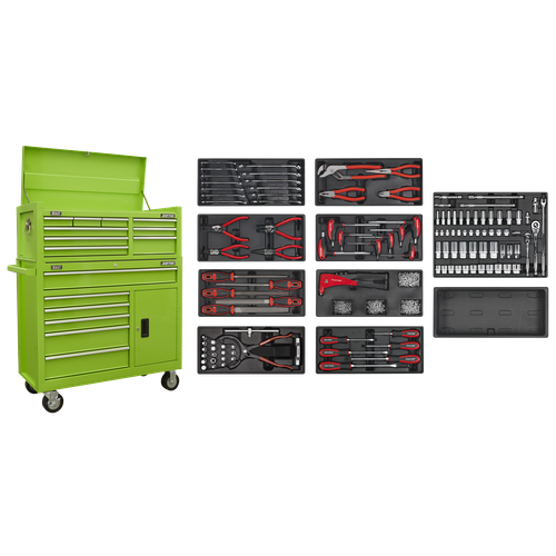 American Pro AP41STACKHVCOMBO Topchest & Rollcab Combination 15 Drawer with 117pc Tool Kit- Green