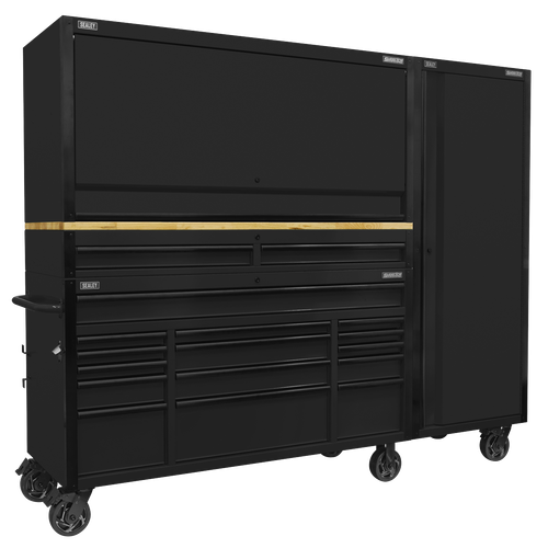 Superline Pro AP6215BECOMBO2 Black Edition Mobile Trolley with Wooden Worktop 15 Drawer, Hutch, 2 Drawer Riser & Side Locker 1549mm