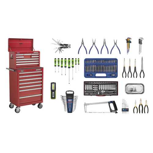 Superline Pro APCOMBOBBTK57 Topchest & Rollcab Combination 15 Drawer with 148pc Tool Kit - Red