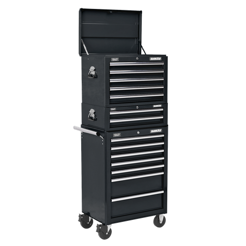 Superline Pro APSTACKTB Topchest, Mid-Box Tool Chest & Rollcab Combination 14 Drawer - Black