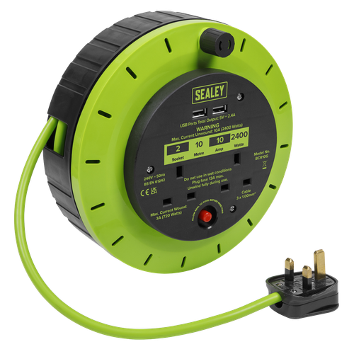 Sealey BCR10G 10m Cassette Type Cable Reel with Thermal Trip 2 x 230V & 2 x USB - Hi-Vis Green