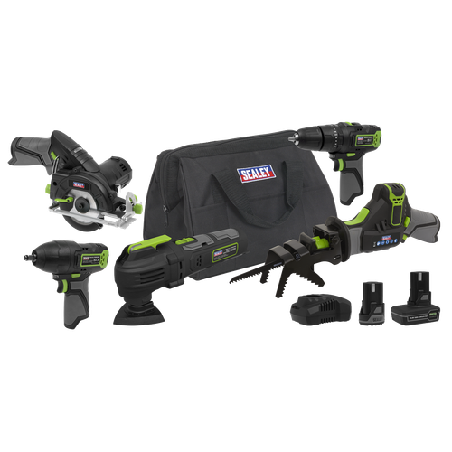 Sealey CP108VCOMBO8EU 5 x SV10.8 Series Cordless Power Tool Kit 10.8V - 2 Batteries & Euro Plug