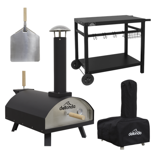 Dellonda DG258 Wood-Fired Pizza Oven, Pizza Peel, Cover & Plancha Trolley 14" - Black