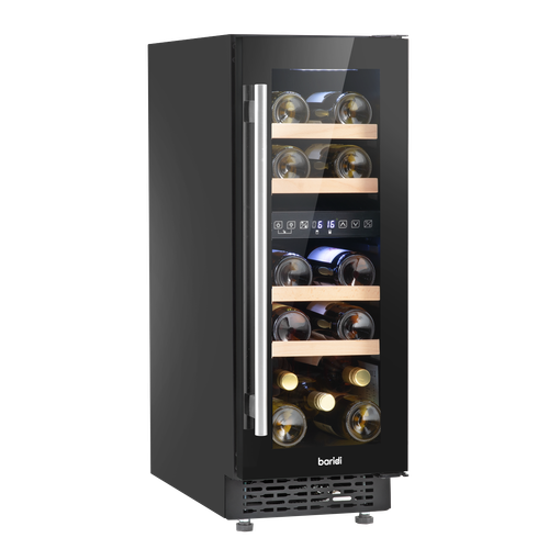 Baridi DH204 17 Bottle Dual Zone Slim Built-In 30cm Wine Cooler with Touch Screen Controls, Beech Wood Shelves & LED Light - Black