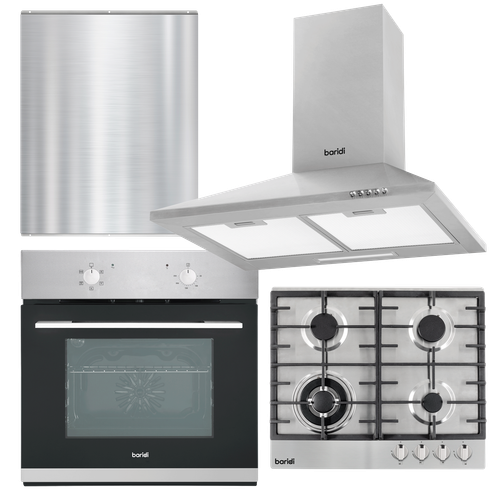 Baridi DH390 Kitchen Appliance Bundle – Integrated Fan-Assisted Oven, Stainless Steel Gas Hob, Chimney Cooker Hood & Stainless Steel Splashback – 60cm