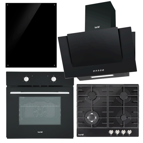 Baridi DH391 Kitchen Appliance Bundle – Integrated Fan-Assisted Oven, Black Glass Gas Hob, Angled Chimney Cooker Hood & Black Glass Splashback – 60cm