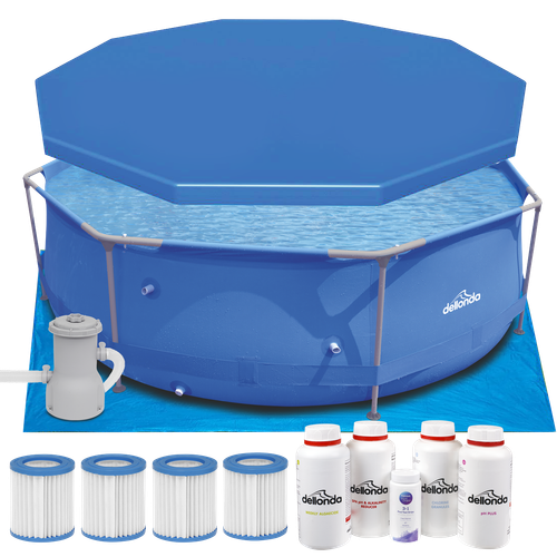Dellonda DL137 Steel Frame Round Swimming Pool & Filter Pump with Cover, Ground Sheet, Test Strips, Starter Kit & Filters 10ft - Blue