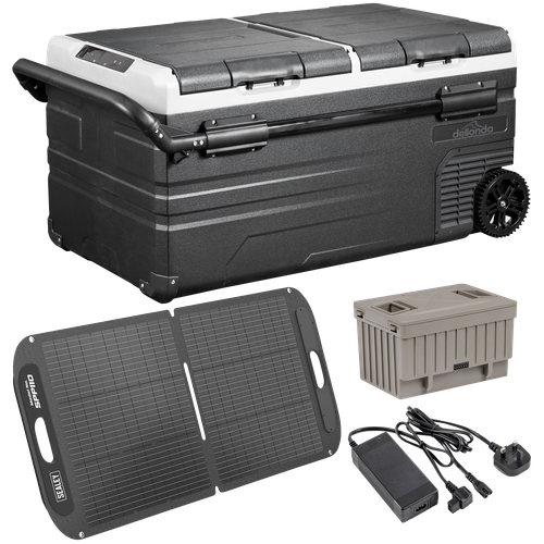 Dellonda DL175 Portable Fridge Freezer/Cool Box 95L with 11.1V Portable Battery, AC/DC 230V Adaptor & 110W Solar Panel