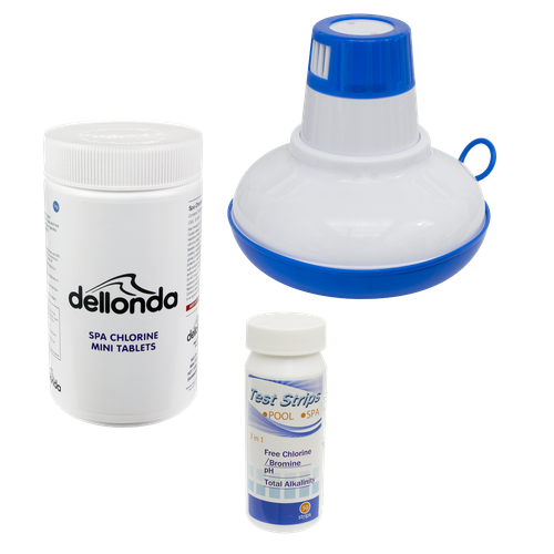 Dellonda DL97 Hot Tub/Spa & Swimming Pool Chlorine Pack includes Chlorine Mini Tabs 1kg, Chemical Floaters & 3-in-1 Test Strips