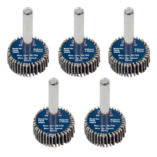 Sealey FW2510605 25 x 10mm Abrasive Flap Wheel with 6mm Shaft 60Grit - Pack of 5