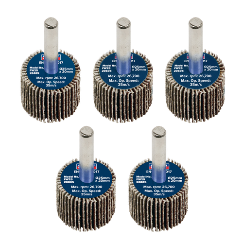 Sealey FW2520ASS 25 x 20mm Abrasive Flap Wheel with 6mm Shaft Assorted Grit - Pack of 5