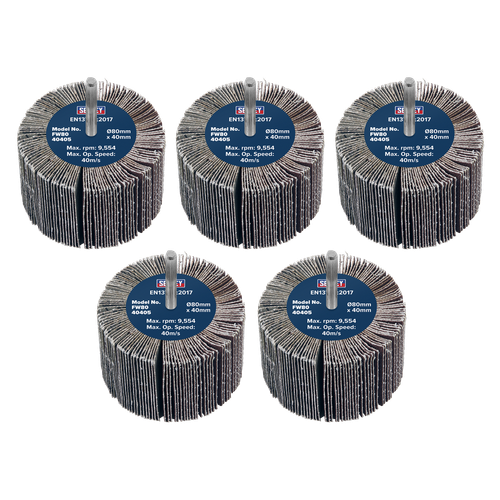 Sealey FW8040405 80 x 40mm Abrasive Flap Wheel with 6mm Shaft 40Grit - Pack of 5
