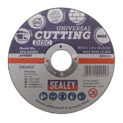 Sealey PTC/115MC 115 x 1.6mm Universal Cutting Disc 22mm Bore
