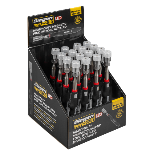 Siegen S0903DB Heavy-Duty Magnetic Pick-Up Tool with LED 3.6kg Capacity - Display Box of 16