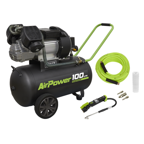 Sealey SAC10030VEKIT 100L Direct Drive V-Twin Air Compressor 3hp with Air Accessory Kit