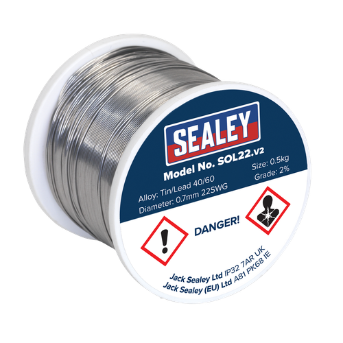 Sealey SOL22 Quick Flow Solder Wire 2% 0.7mm/22SWG 0.5kg Reel
