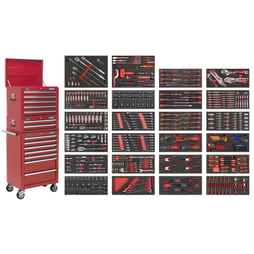 Superline Pro SPTCOMBO3R Tool Chest Combination 14 Drawer with 447pc Tool Kit - Red