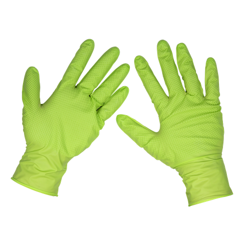 Sealey SSP54L Diamond Grip Extra-Thick Nitrile Powder-Free Gloves, Hi-Vis Green, Large - Pack of 50