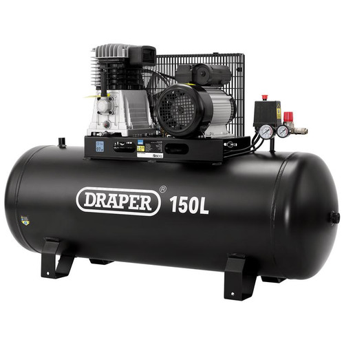 Draper 55304 230V 150L Stationary Belt-Driven Air Compressor, 2.2kW/3HP