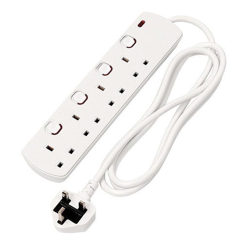 Draper 30915 4 Way White Switch Protected Extension Lead, 2m