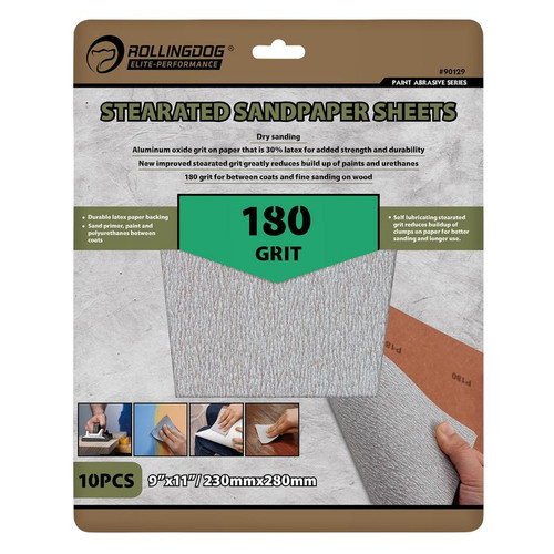 Rollingdog 90129 Stearated Sanding Sheets, 230 x 280mm, 180 Grit (Pack of 10)