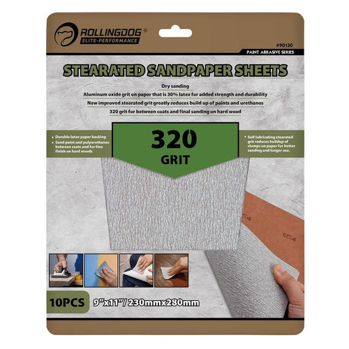 Rollingdog 90130 Stearated Sanding Sheets, 230 x 280mm, 320 Grit (Pack of 10)