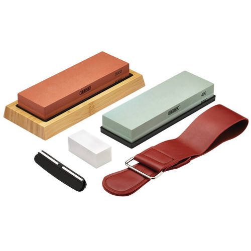 Draper 23968 Whetstone Sharpening Stone Set with Non-Slip Base and Angle Guide, 400/1000/3000/8000 Grit