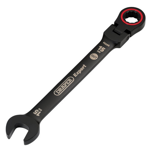 Draper Expert 03922 HI-TORQ® Metric Flexible Head Ratchet Combination Spanner, 15mm, Black